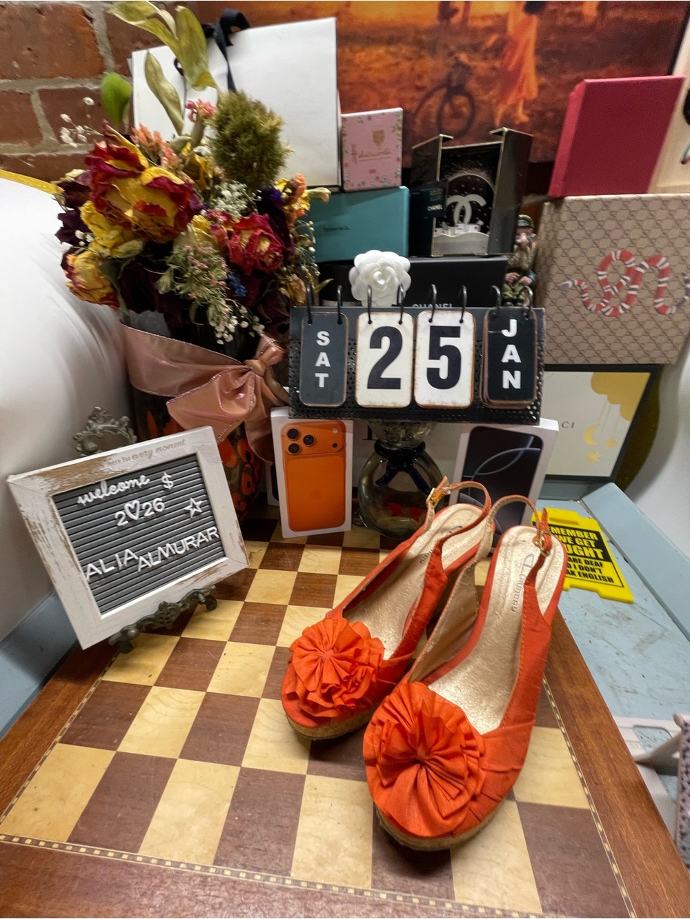 Bright Orange Peep-Toe Slingback Wedge Heels with Rosette